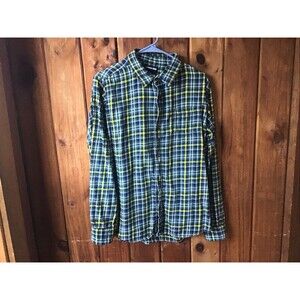 Lands End Woman Green Plaid Flannel Button Front Sz XL Long Sleeves Pocket